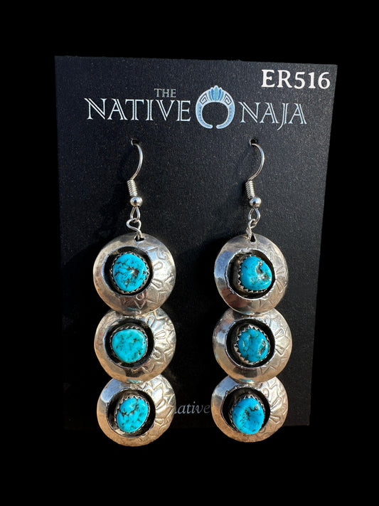 Rare Navajo Lanette Largo Kingman Turquoise and Hand Stamped Pillow Bead French Hook Earrings ER516