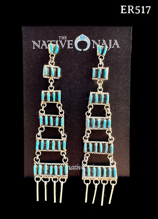 Rare Zuni Ashley Laate Needlepoint Sleeping Beauty Turquoise Sterling Silver Chandelier Post Earrings ER517