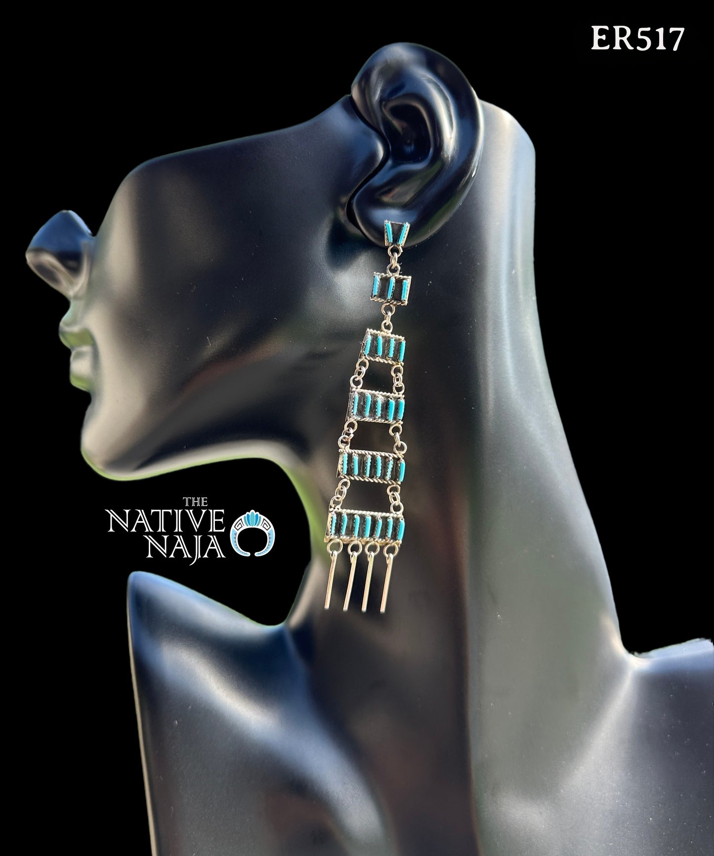 Rare Zuni Ashley Laate Needlepoint Sleeping Beauty Turquoise Sterling Silver Chandelier Post Earrings ER517