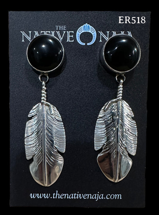 Large Navajo Ben Begay Black Onyx & Sterling Silver Feather Post Earrings ER518
