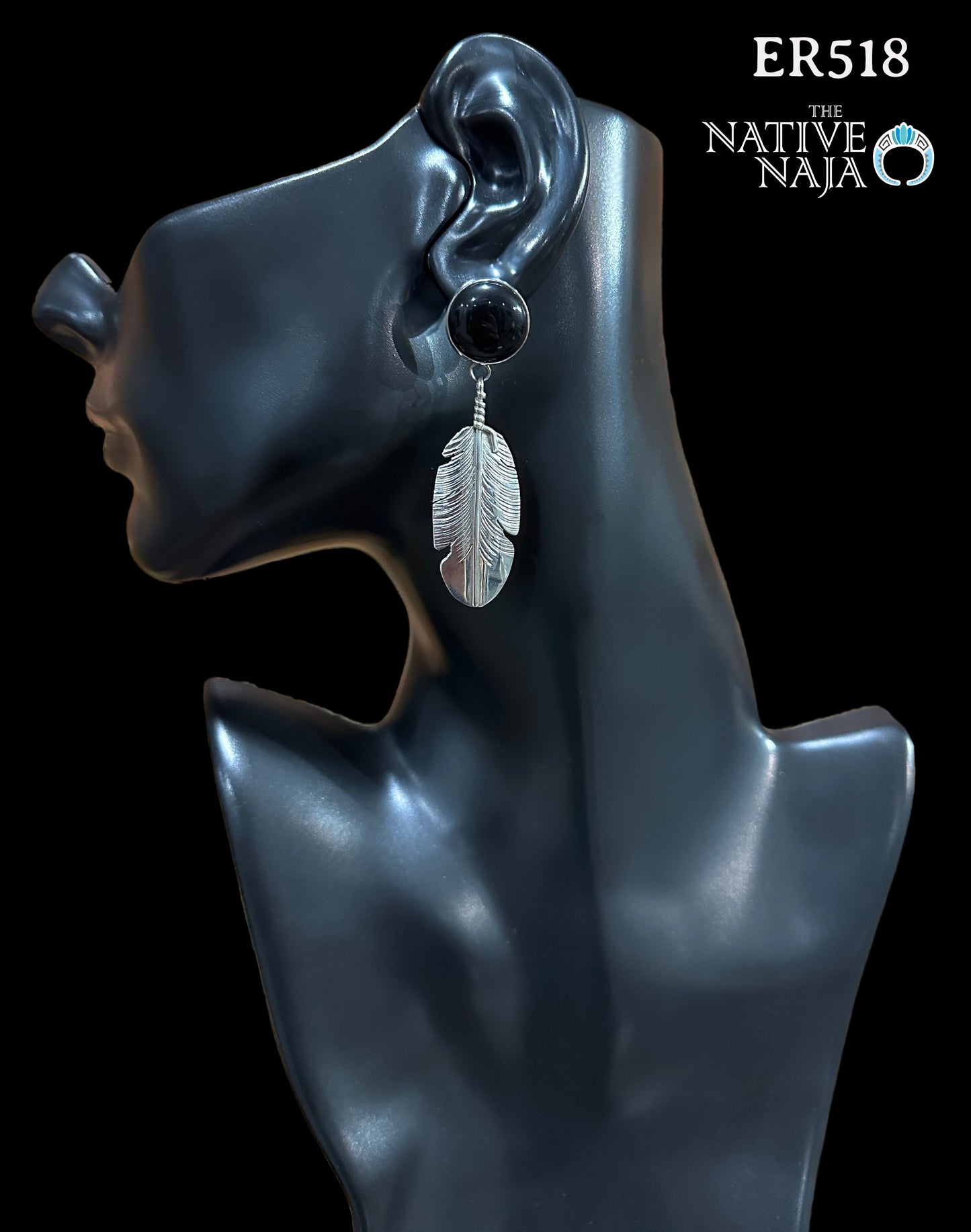 Large Navajo Ben Begay Black Onyx & Sterling Silver Feather Post Earrings ER518