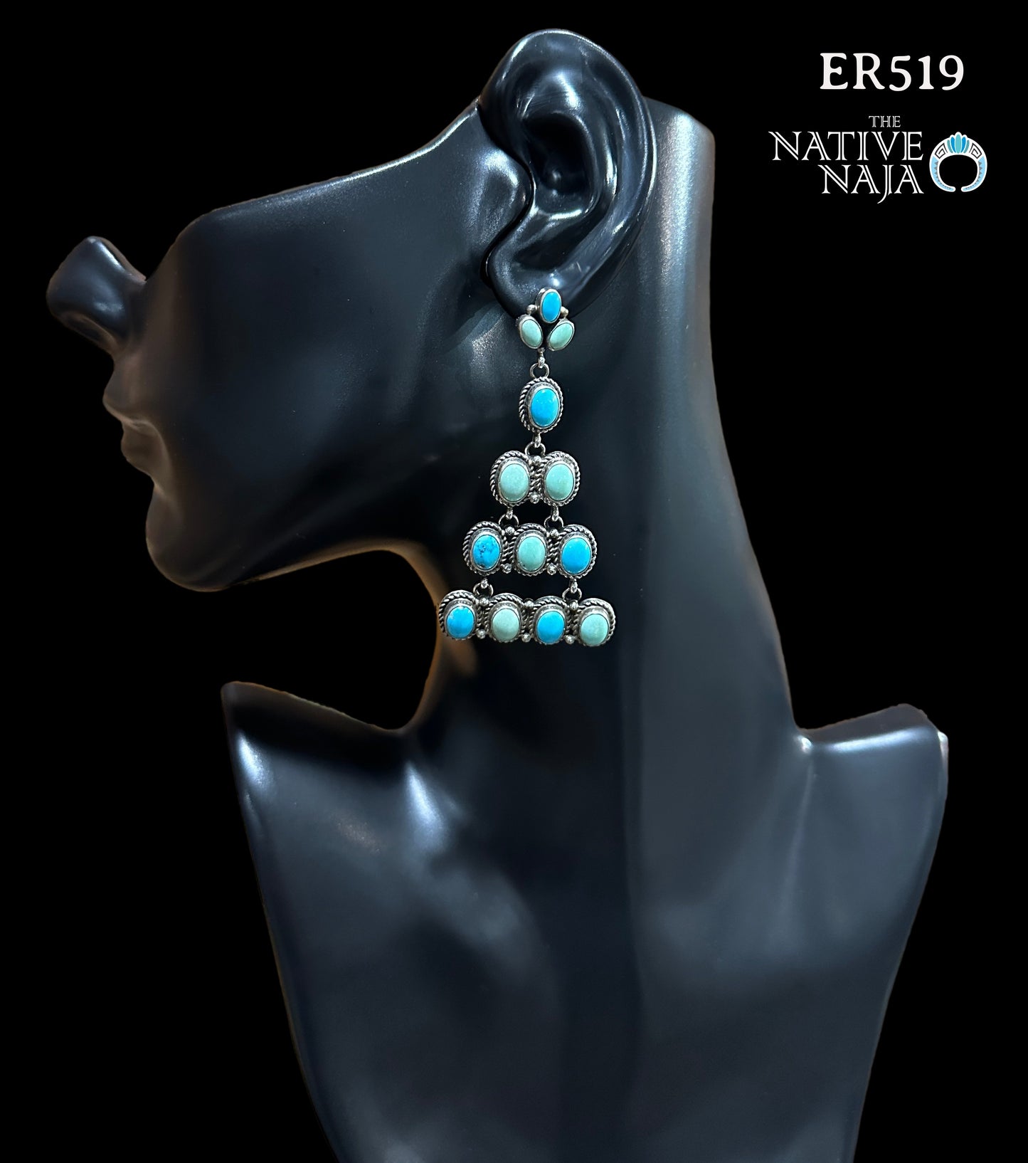 Large Navajo Rosella Paxton Sterling Silver & Carico Lake Turquoise Chandelier Post Earrings ER519