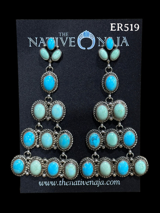 Large Navajo Rosella Paxton Sterling Silver & Carico Lake Turquoise Chandelier Post Earrings ER519