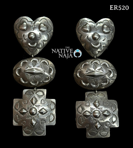 Rare Large Statement Navajo Rita Lee Hand Stamped 3 Tiered Post Earrings ER520