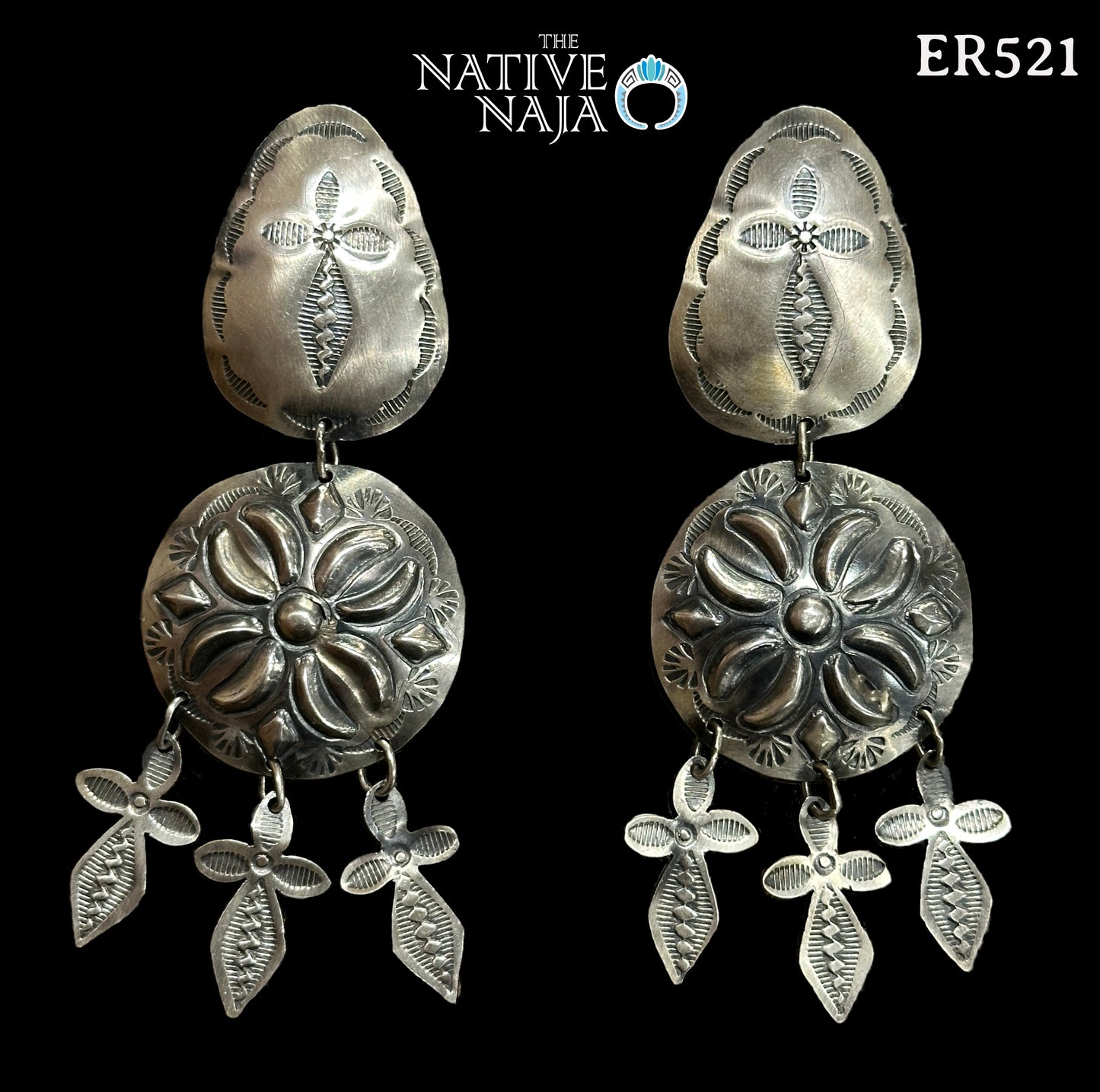 Rare Large Statement Navajo Rita Lee Hand Stamped Tiered Concho Cross Post Earrings ER521