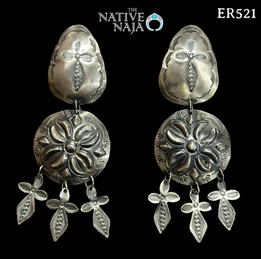 Rare Large Statement Navajo Rita Lee Hand Stamped Tiered Concho Cross Post Earrings ER521