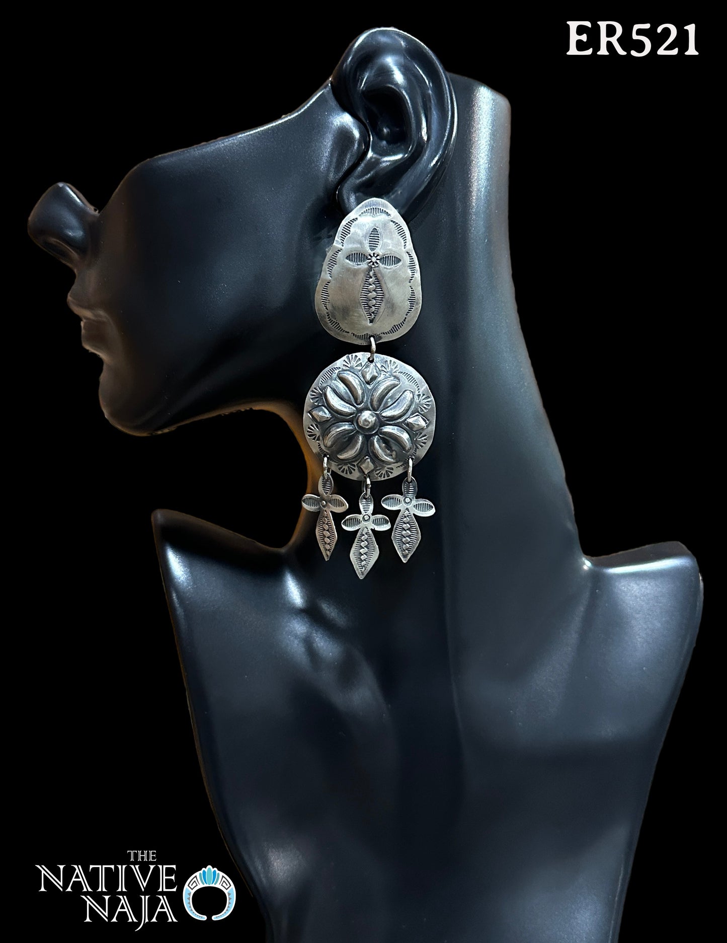 Rare Large Statement Navajo Rita Lee Hand Stamped Tiered Concho Cross Post Earrings ER521