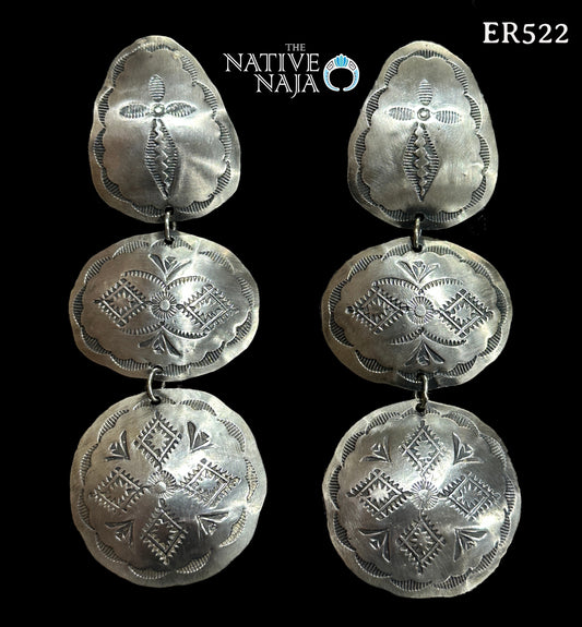 Rare Large Statement Navajo Rita Lee Hand Stamped 3 Tiered Concho Cross Post Earrings ER522