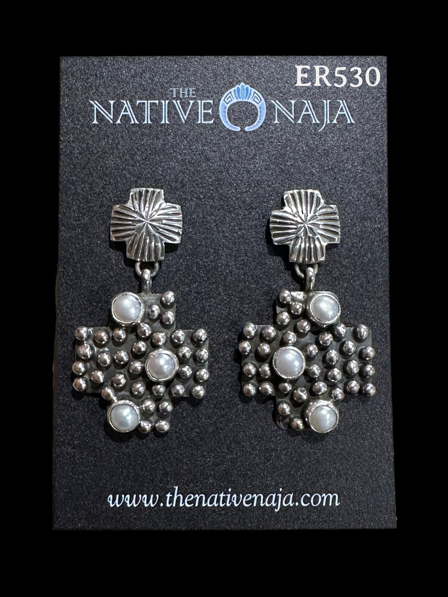 Navajo Geneva Apachito Freshwater Pearls & Sterling Silver Cross and Dot Cross Post Earrings ER530