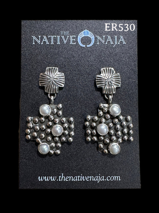 Navajo Geneva Apachito Freshwater Pearls & Sterling Silver Cross and Dot Cross Post Earrings ER530