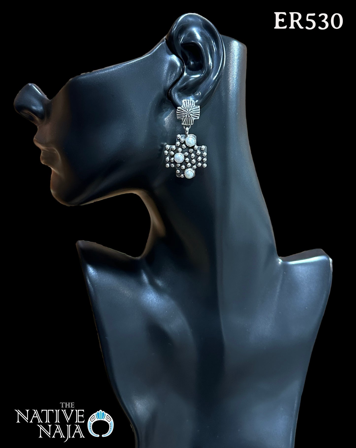 Navajo Geneva Apachito Freshwater Pearls & Sterling Silver Cross and Dot Cross Post Earrings ER530