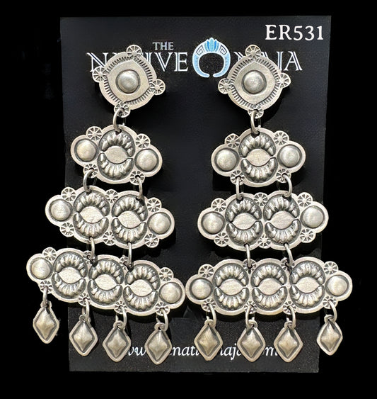 Rare Navajo Joe Harris Hand Stamped Sterling Silver Statement Chandelier Post Earrings ER531