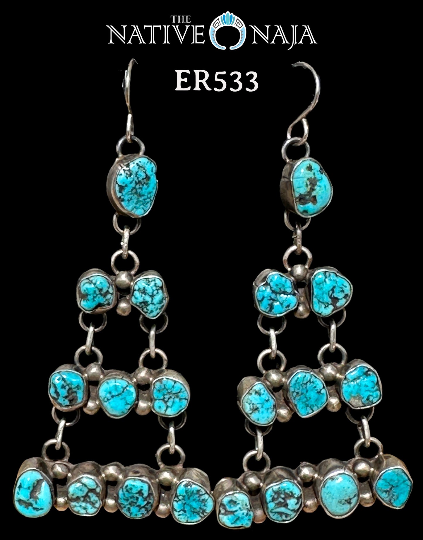 Large Navajo Wilson Dawes Kingman Turquoise & S Silver Chandelier Earrings ER533