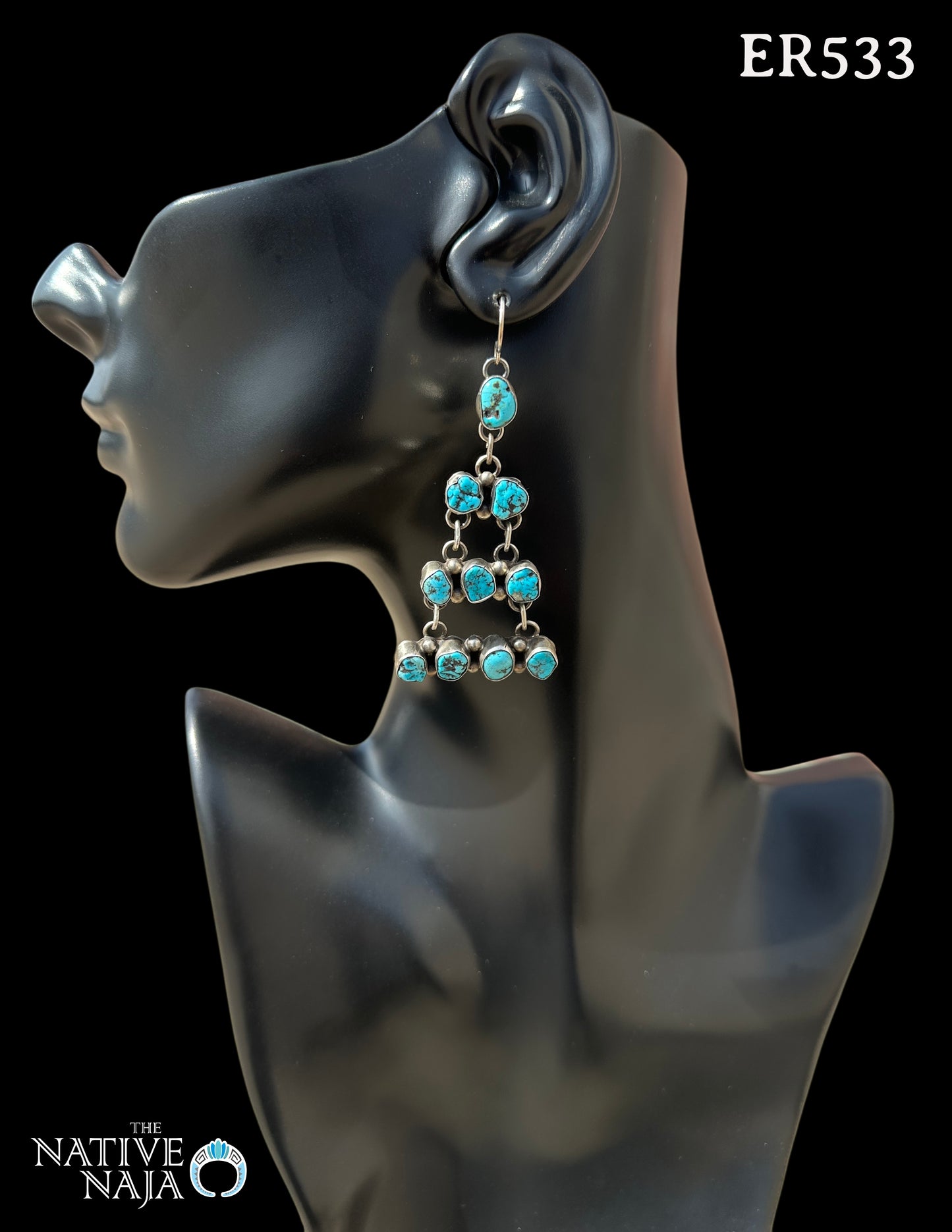 Large Navajo Wilson Dawes Kingman Turquoise & S Silver Chandelier Earrings ER533