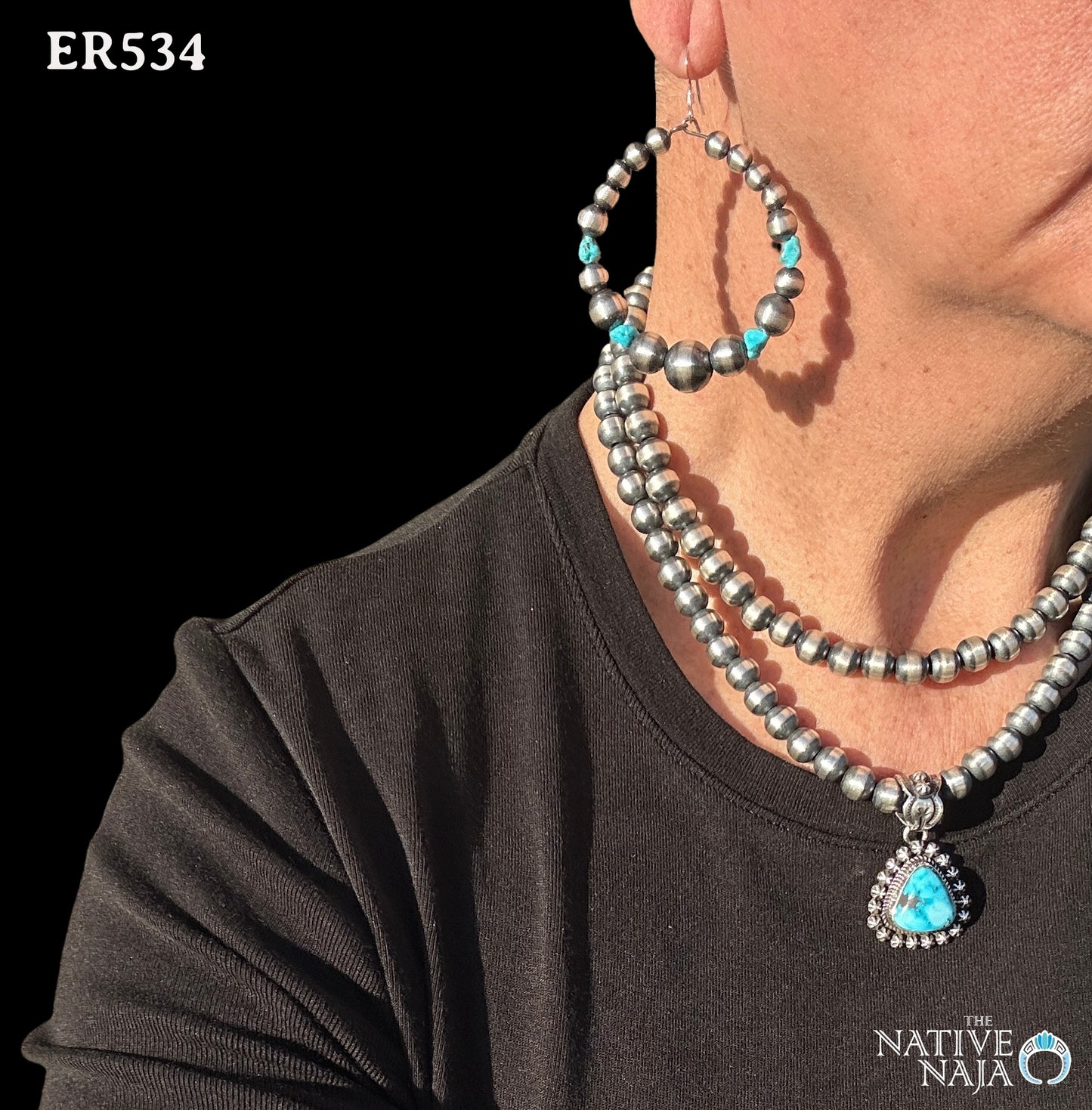 Large Sterling Silver Navajo Pearl & Kingman Turquoise French Hook Hoop Earrings ER534