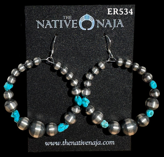 Large Sterling Silver Navajo Pearl & Kingman Turquoise French Hook Hoop Earrings ER534