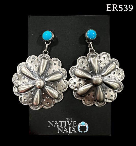 Navajo Tim Yazzie Hand Stamped Sterling Silver & Sleeping Beauty Post Earrings ER539