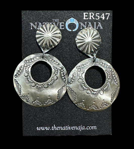 Navajo Vincent Platero Large Hand Stamped Concho Post Dangle Earrings ER547