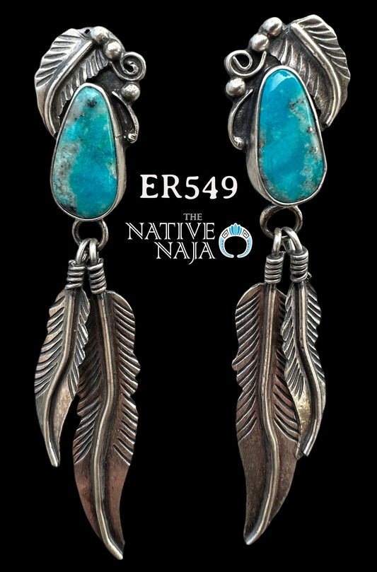 Navajo Kobe Martinez Sterling Silver & Kingman Turquoise Feather Post Earrings ER549