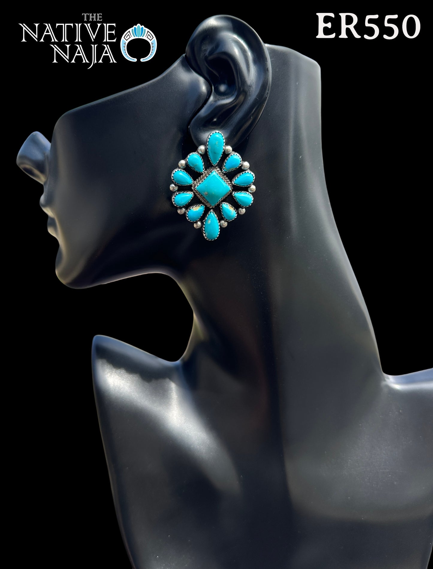 Large Navajo Tricia Smith Sterling Silver & Kingman Turquoise Post Statement Earrings ER550