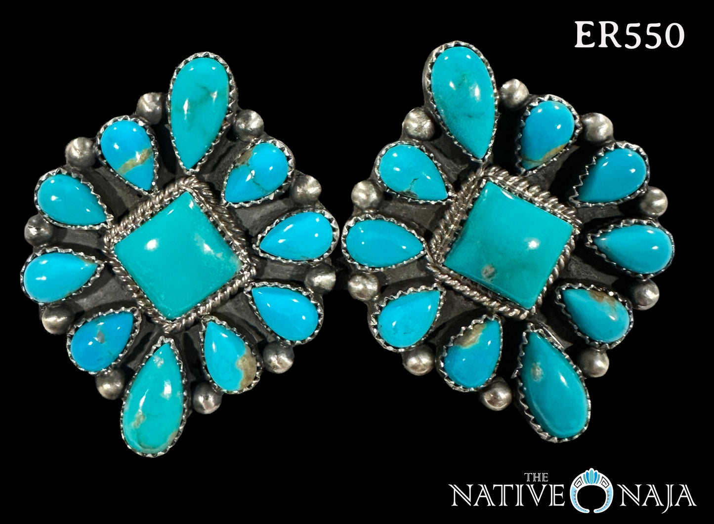 Large Navajo Tricia Smith Sterling Silver & Kingman Turquoise Post Statement Earrings ER550