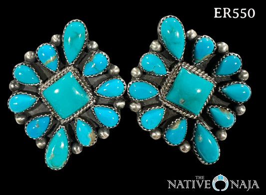 Large Navajo Tricia Smith Sterling Silver & Kingman Turquoise Post Statement Earrings ER550