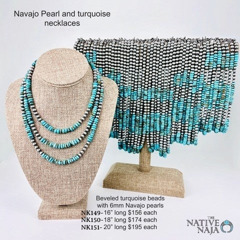 Beveled Genuine Turquoise Beads & 6mm Sterling Silver Navajo Pearl Necklace 16" NK149