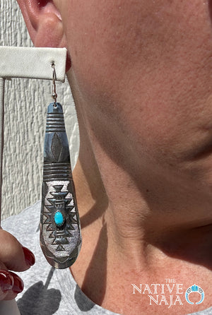 Navajo Rhonda Largo Hand Stamped Large Sterling Silver & Kingman Turquoise Teardrop French Hook Earrings ER414