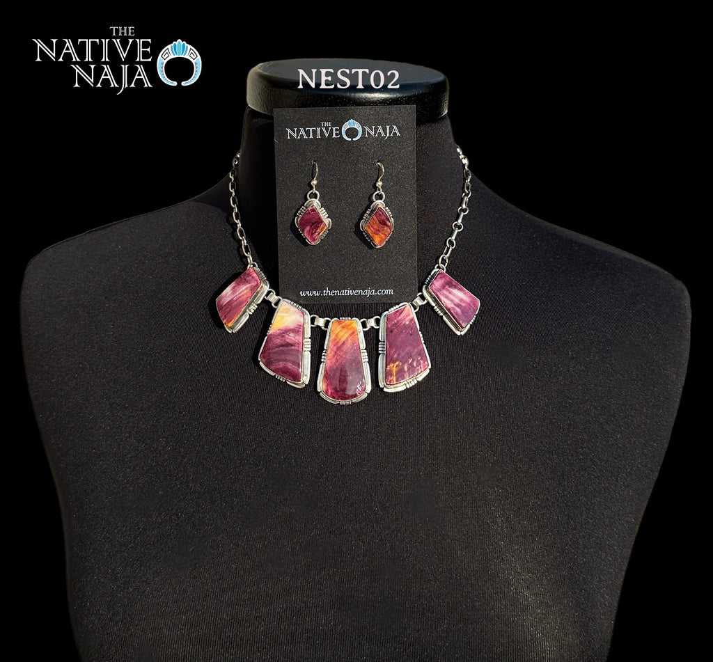 Navajo Samson Edsitty Sterling Silver & Purple Spiny Oyster Necklace & Earring Set NEST02