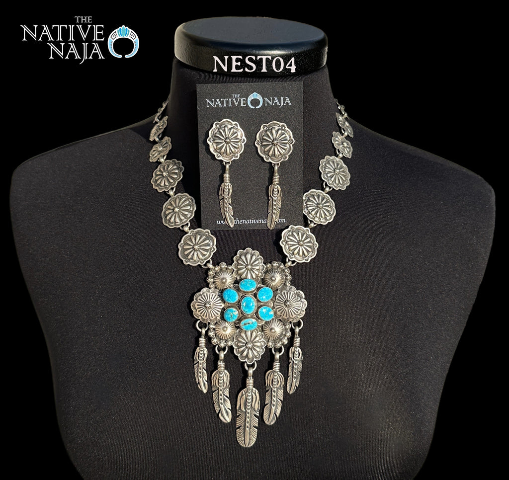 Navajo Jason B Sterling Silver & Kingman Large Concho Statement Necklace & Earring Set NEST04