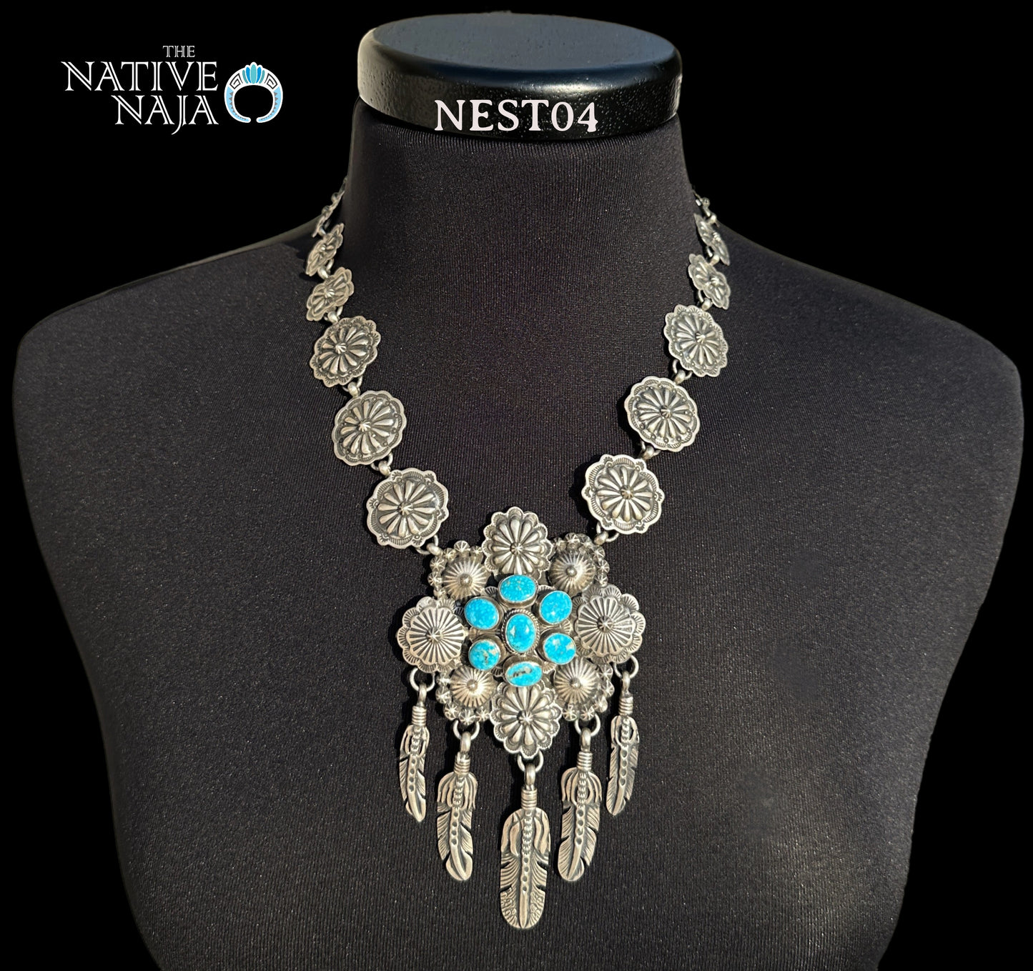 Navajo Jason B Sterling Silver & Kingman Large Concho Statement Necklace & Earring Set NEST04