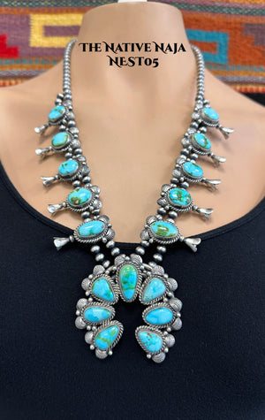 Stunning Kee Johnson Sterling Silver & Sonoran Gold Turquoise Squash Blossom Necklace Earring Set NEST05