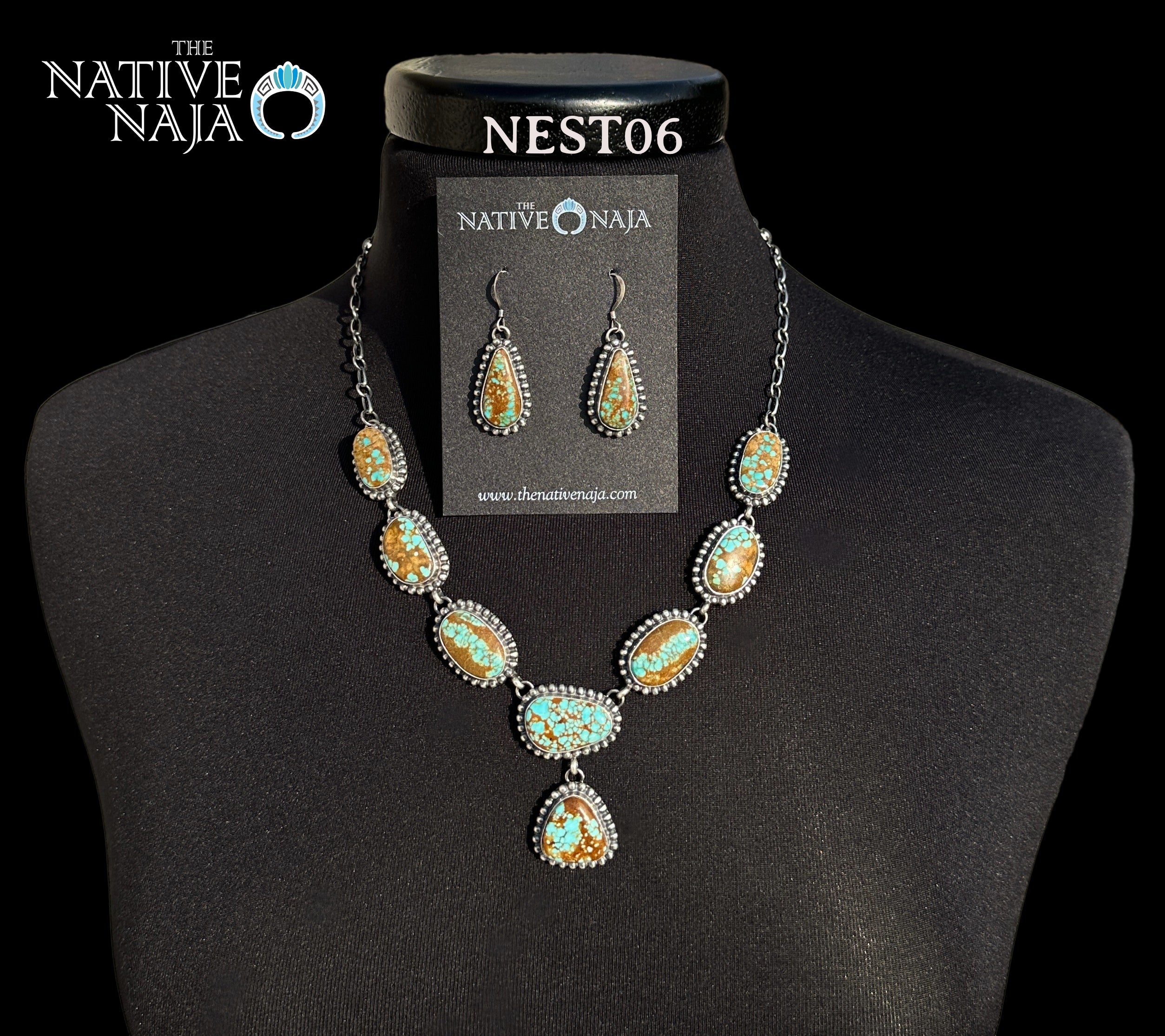 Navajo Sterling Silver & Mine #8 Turquoise Lariat Necklace Earring Set NEST06