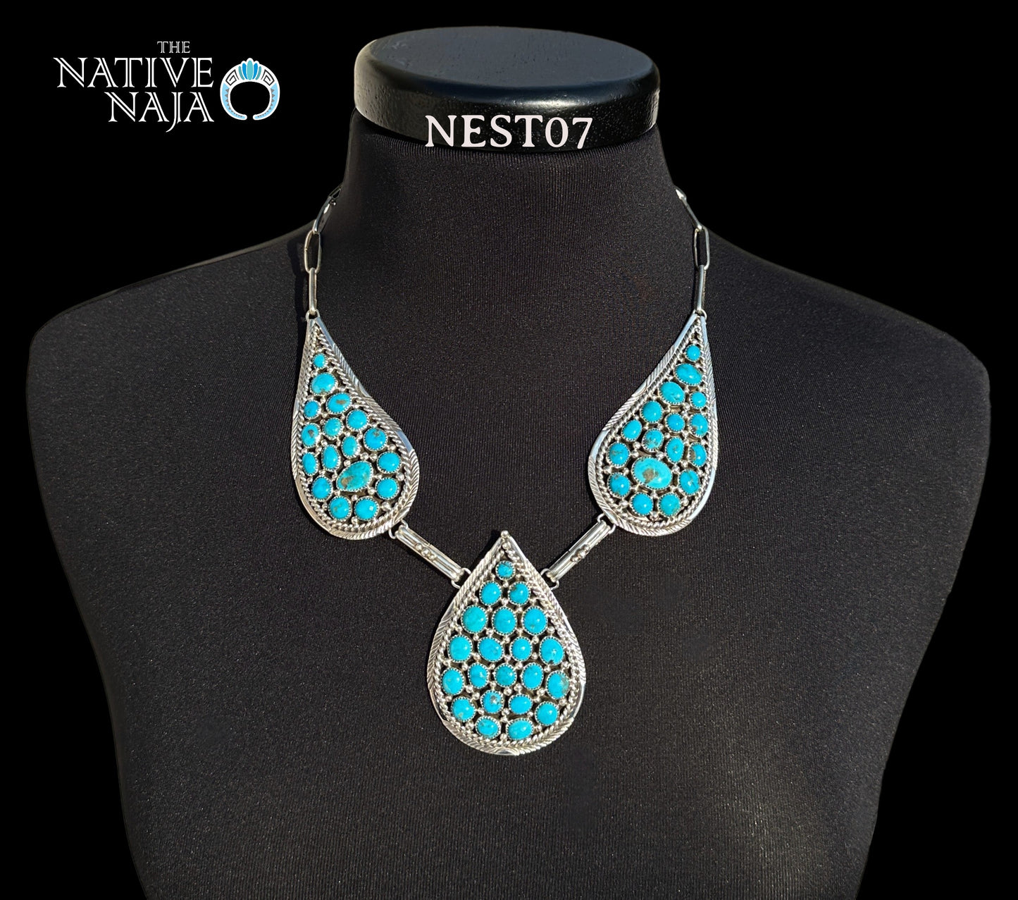 Navajo Marlene Haley Sterling Silver & Kingman Turquoise Cluster Necklace Earring Set NEST07