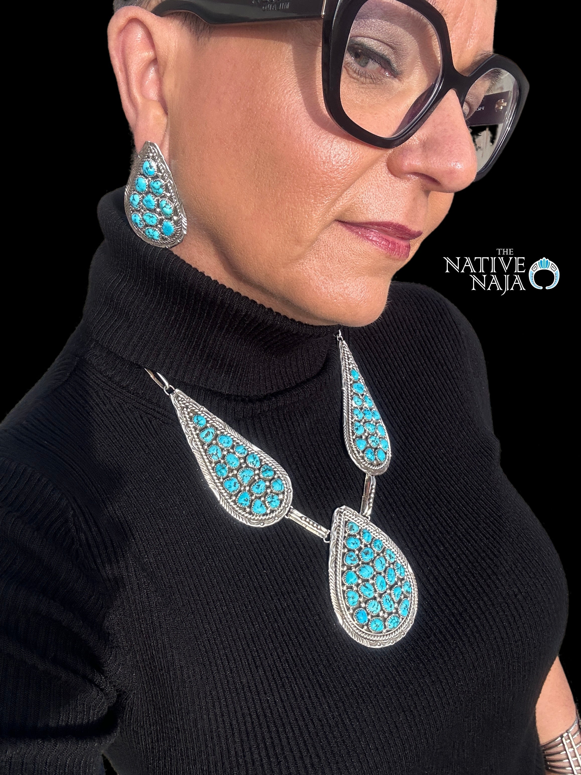 Navajo Marlene Haley Sterling Silver & Kingman Turquoise Cluster Necklace Earring Set NEST07