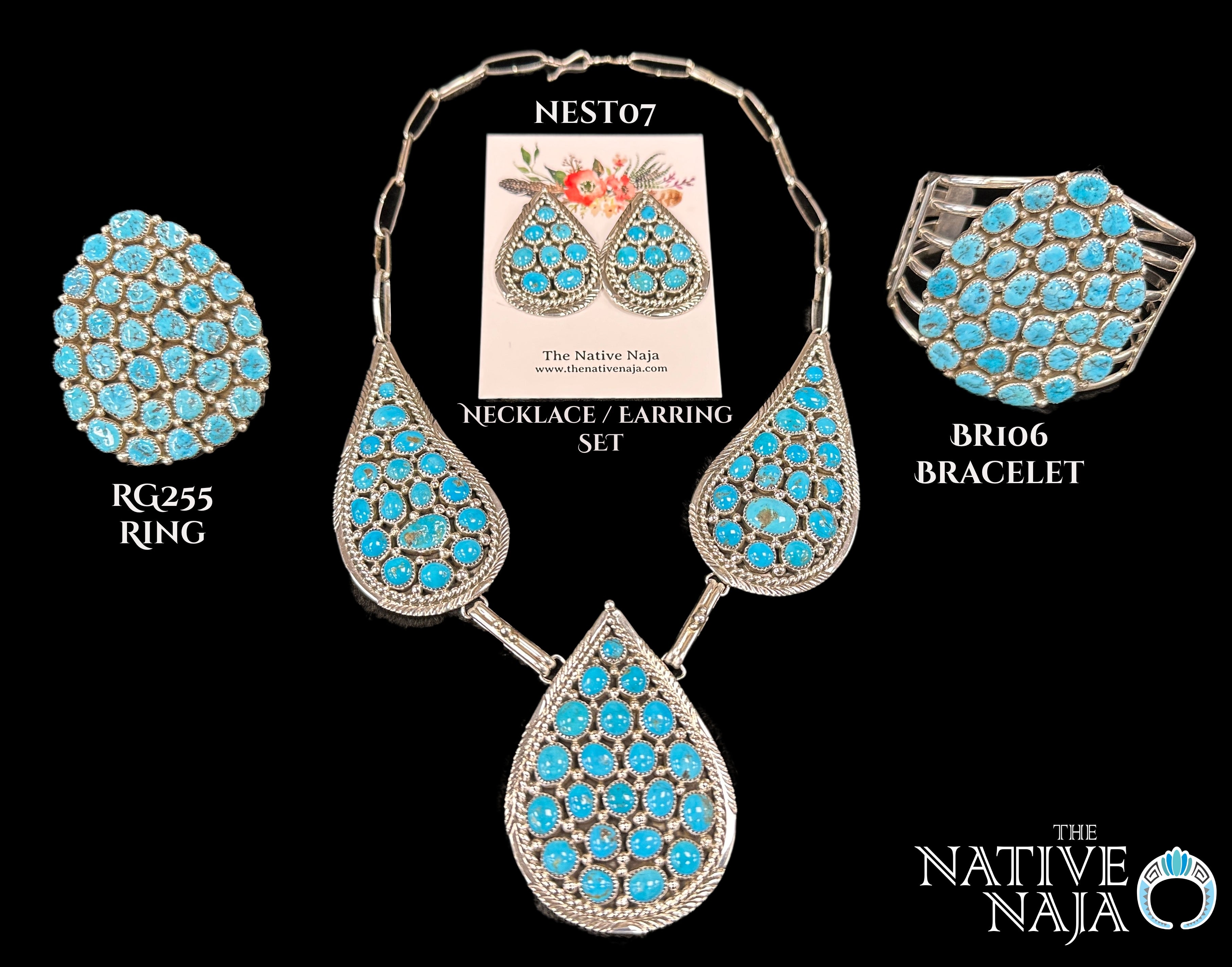 Navajo Marlene Haley Sterling Silver & Kingman Turquoise Cluster Necklace Earring Set NEST07