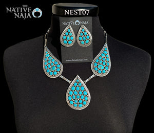 Navajo Marlene Haley Sterling Silver & Kingman Turquoise Cluster Necklace Earring Set NEST07