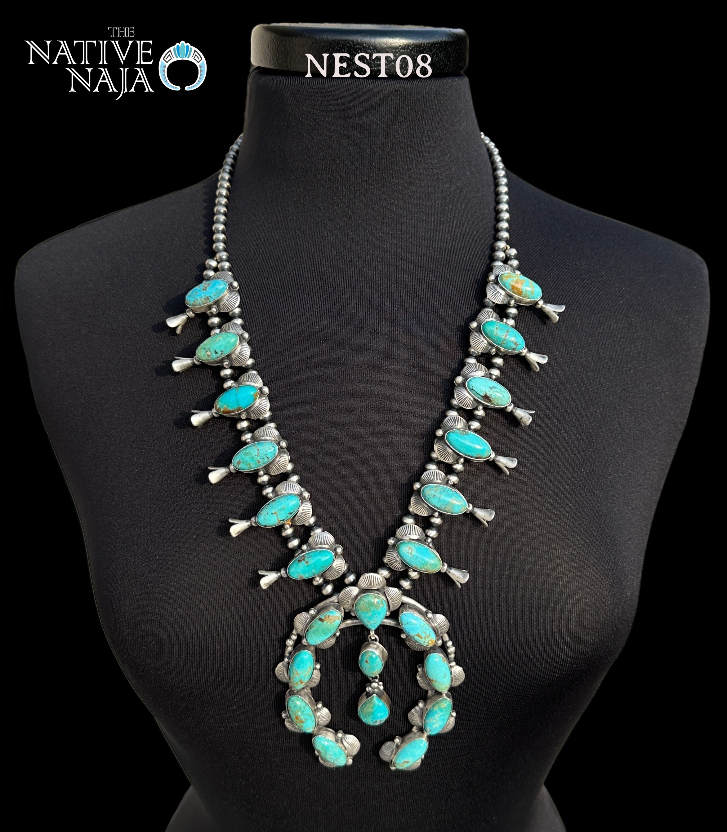 Stunning Navajo Kee Johnson Sterling Silver & Kingman Turquoise Squash Blossom Necklace Earring Set NEST08