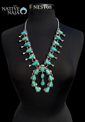 Stunning Navajo Kee Johnson Sterling Silver & Kingman Turquoise Squash Blossom Necklace Earring Set NEST08