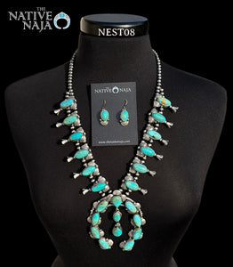 Stunning Navajo Kee Johnson Sterling Silver & Kingman Turquoise Squash Blossom Necklace Earring Set NEST08