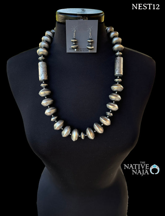 Navajo Sharon Cooley Large Handmade Statement Navajo Pearl Necklace & Earring Set NEST12