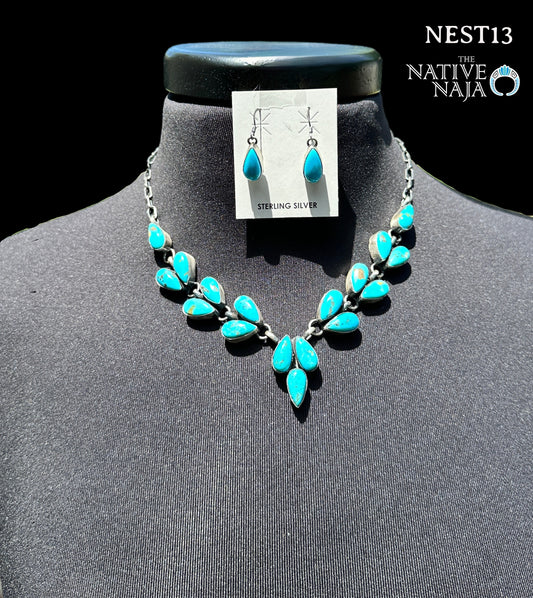 Navajo Pansy Johnson Sterling Silver & Turquoise Choker Necklace Earring Set NEST13