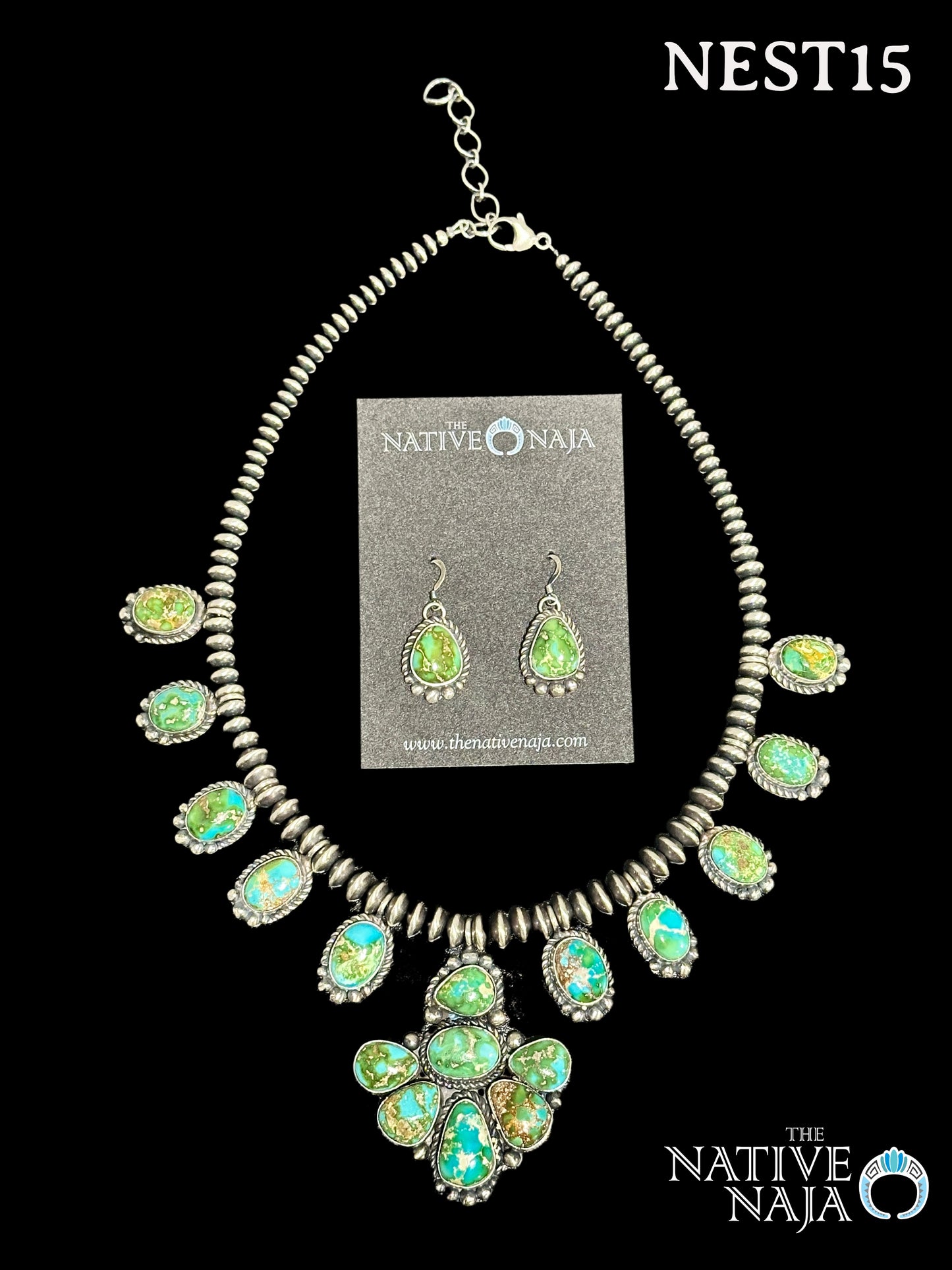 Stunning Navajo Pansy Johnson Sterling Silver Sonoran Cluster Turquoise Necklace & Earring Set NEST15