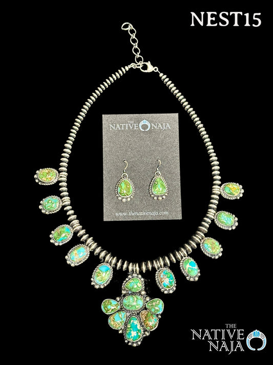 Stunning Navajo Pansy Johnson Sterling Silver Sonoran Cluster Turquoise Necklace & Earring Set NEST15