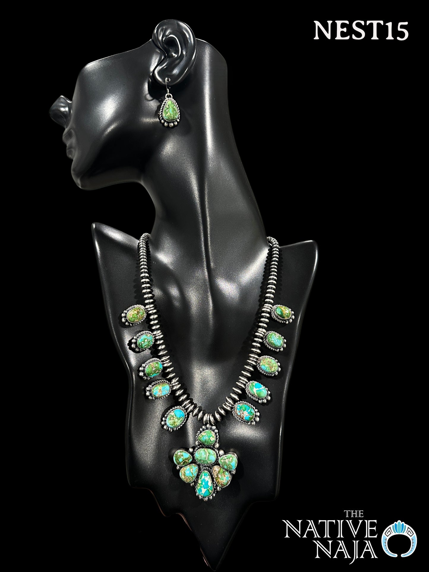 Stunning Navajo Pansy Johnson Sterling Silver Sonoran Cluster Turquoise Necklace & Earring Set NEST15