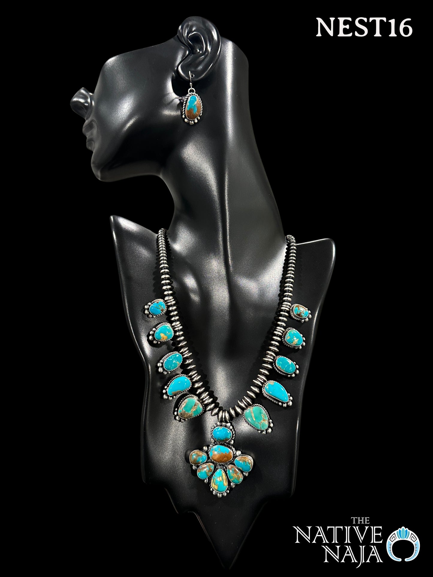 Stunning Navajo Pansy Johnson Sterling Silver Kingman Cluster Turquoise Necklace & Earring Set NEST16