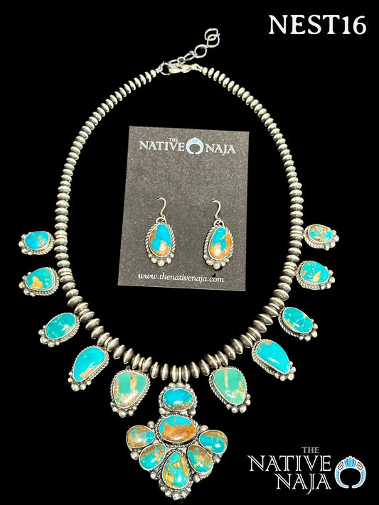 Stunning Navajo Pansy Johnson Sterling Silver Kingman Cluster Turquoise Necklace & Earring Set NEST16