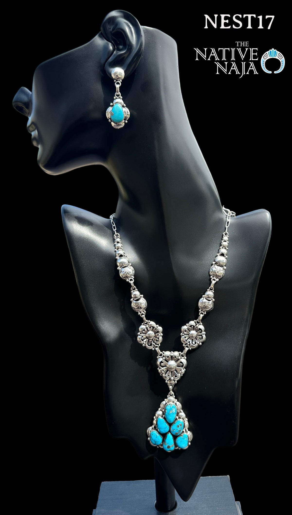 Stunning Navajo Clem Nalwood Sterling Silver Kingman Turquoise Necklace & Earring Set NEST17