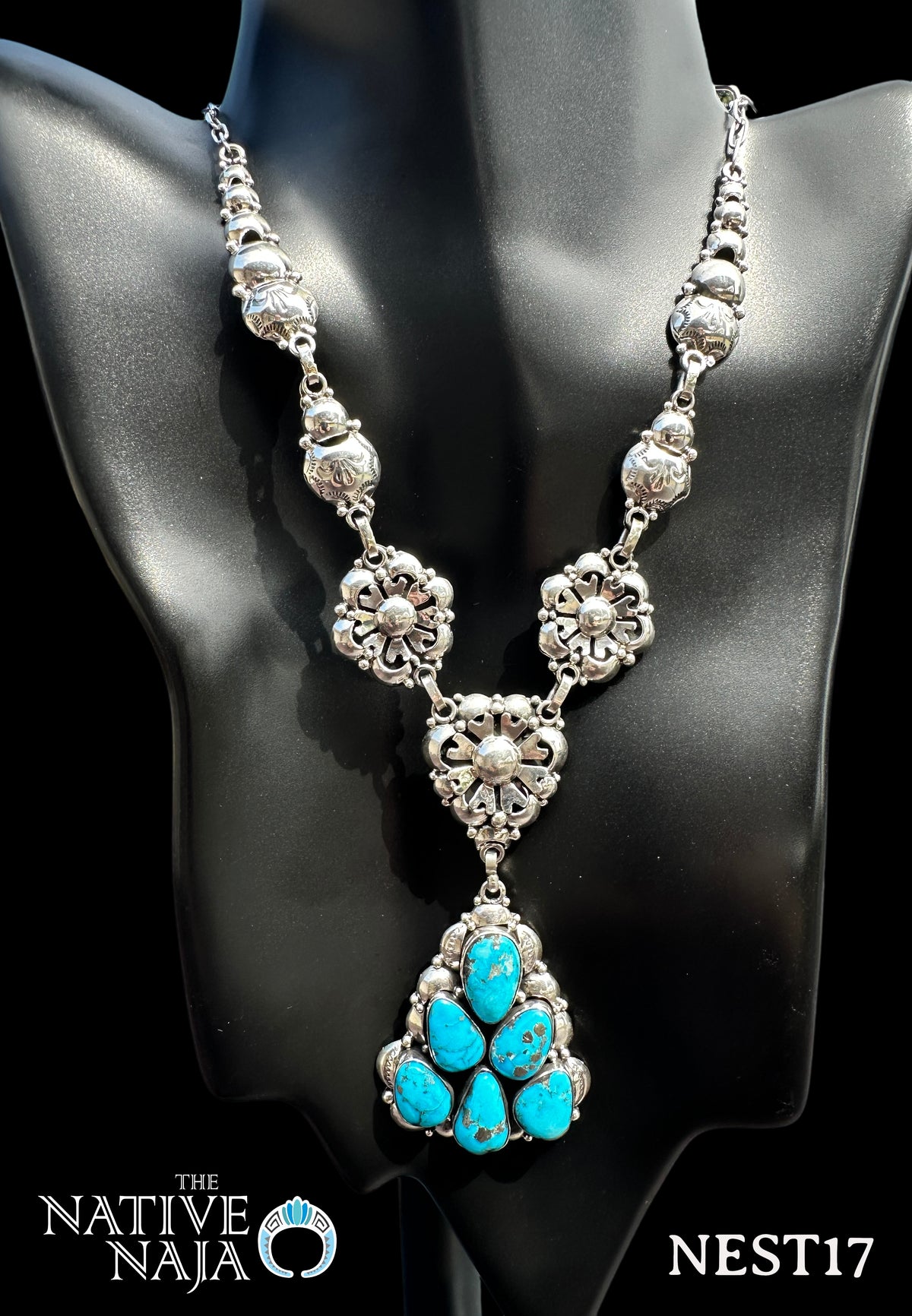 Stunning Navajo Clem Nalwood Sterling Silver Kingman Turquoise Necklace & Earring Set NEST17