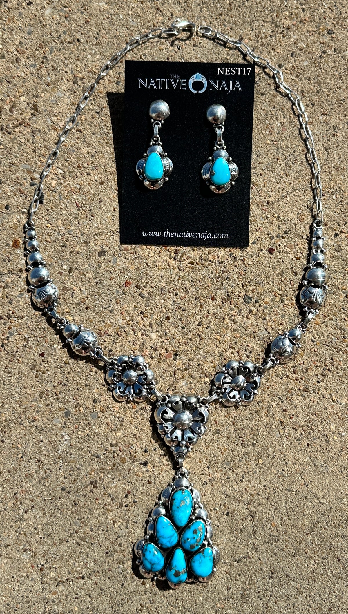 Stunning Navajo Clem Nalwood Sterling Silver Kingman Turquoise Necklace & Earring Set NEST17